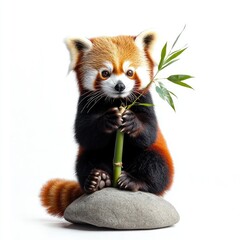 Charming red panda holding bamboo while sitting on a rock against a white surface
