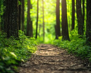 Obraz premium A calming forest path enveloped by tall tropical trees.