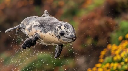 Obraz premium Young seal leaping gracefully above the water's surface amidst a vibrant coastal backdrop