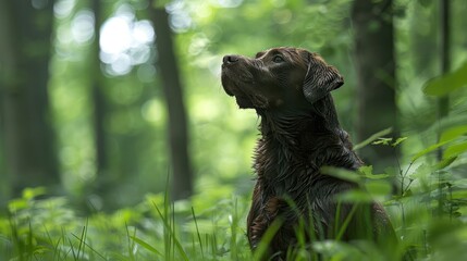 A brown dog gazes thoughtfully in a lush green forest, surrounded by vibrant foliage and sunlight