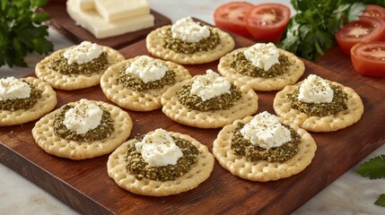Artisanal Crackers Topped with Pesto and Creamy Cheese Ready to Serve