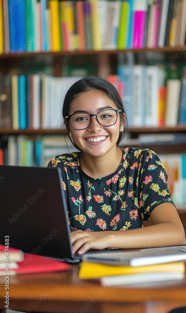 Poster smiling student using laptop in library with colorful bookshelves