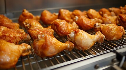Chicken leg move along a conveyor belt in a food processing plant industry