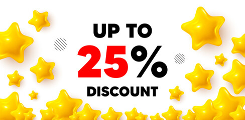 Discount tag winner banner with 3d stars. Golden stars banner. Up to 25 percent discount tag. Sale offer price sign. Special offer symbol. Save 25 percentages. Review rate background. Vector