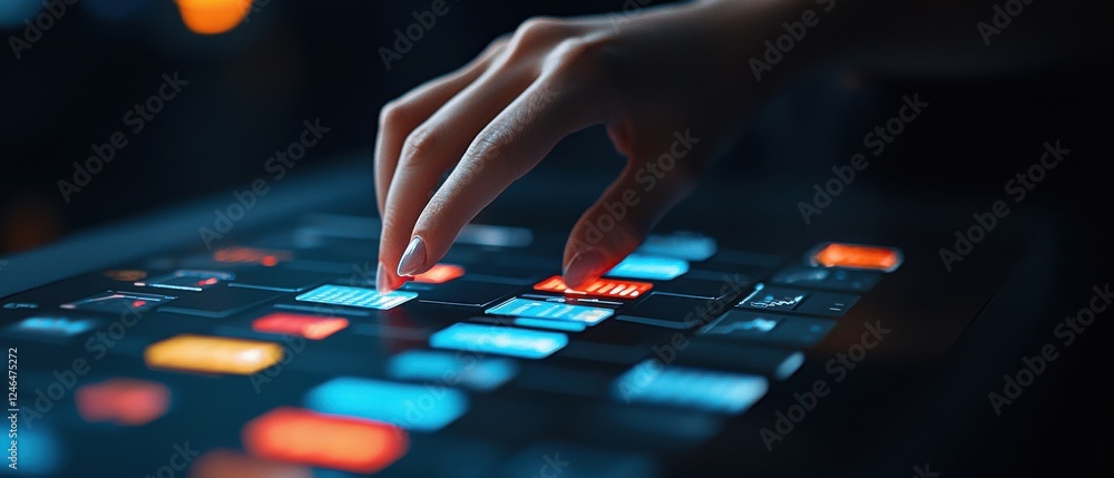 Poster a hand interacting with a colorful, illuminated touchscreen interface, showcasing modern technology 