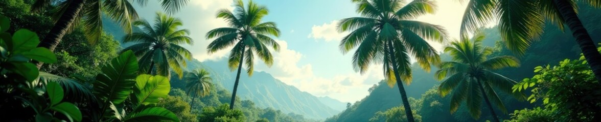 Towering palm tree in a serene tropical landscape, trees, jungle