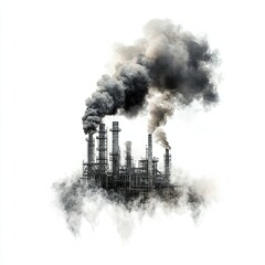 Industrial factory belching smoke, symbol of pollution, dystopian art, dark tones, stark contrast against white backdrop