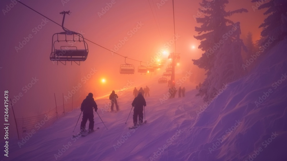 Poster skiers glide down snowy terrain as fog envelops the slopes at a mountain resort, illuminated by soft