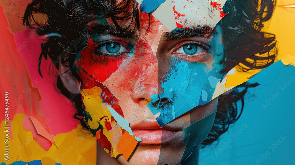 Poster abstract collage of young man with vibrant colors and modern art techniques, creating striking portr