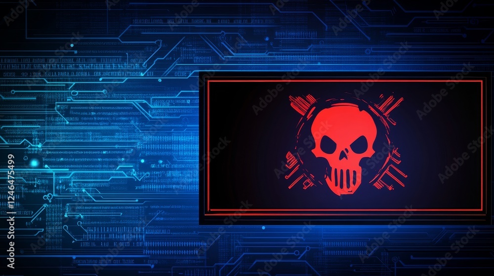 Poster glowing warning icon on a digital lcd display with reflection, symbolizing cyber attack, malware, ra