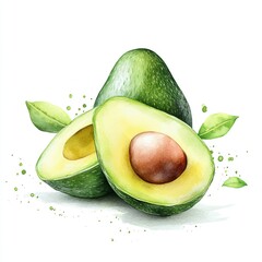 Half Avocado Artistry, vibrant green and brown hues, watercolor illustration of a fresh avocado, set against a clean white backdrop