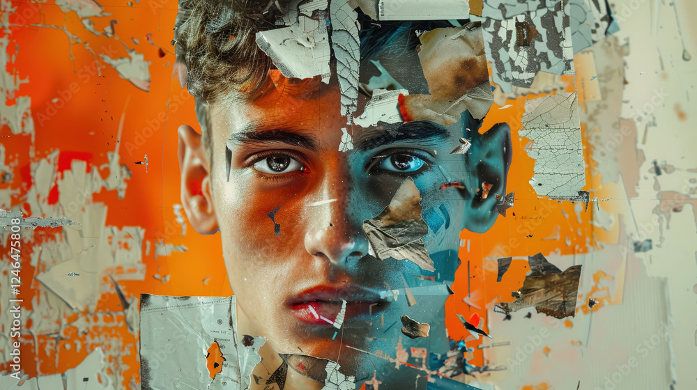 Poster abstract collage of young man with modern art techniques and paper compositions, creating striking p