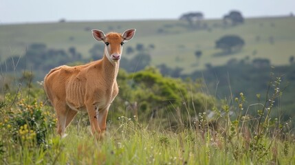 Fototapeta premium Young antelope standing gracefully in a lush green field with hills in the background
