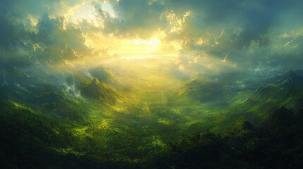 Naklejka premium Bright sunlight bursts through the clouds, casting warm light across a verdant valley. The landscape features rolling hills and a serene atmosphere, evoking tranquility and wonder