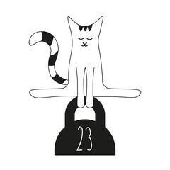 Looney cat athlete. Whimsical Cat on weight. Funny sport template design isolated transparent background. Vector illustration. EPS 10