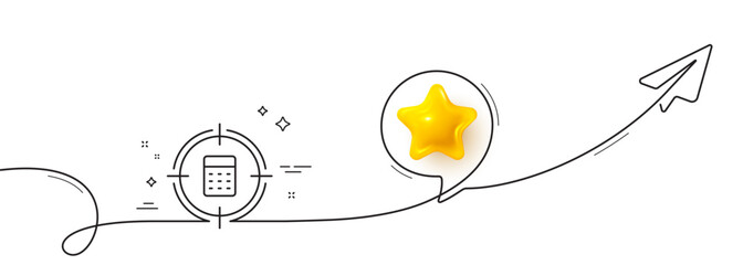 Calculator in target line icon. Continuous line with share plane. Accounting or Audit sign. Calculate finance symbol. 3d star in speech bubble. Calculator target single line ribbon. Vector