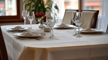 Elegant Table Setting with Glassware and Fresh Flower Centerpiece