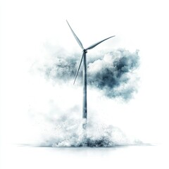Wind turbine against a dramatic stormy sky, symbolizing renewable energy, modern design, bold contrasts, minimalist white backdrop