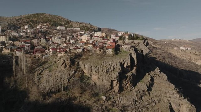 Aerial view from a drone of houses in the city of Tashkent in Turkey on a cliff above a gorge &ndash; epic scenery