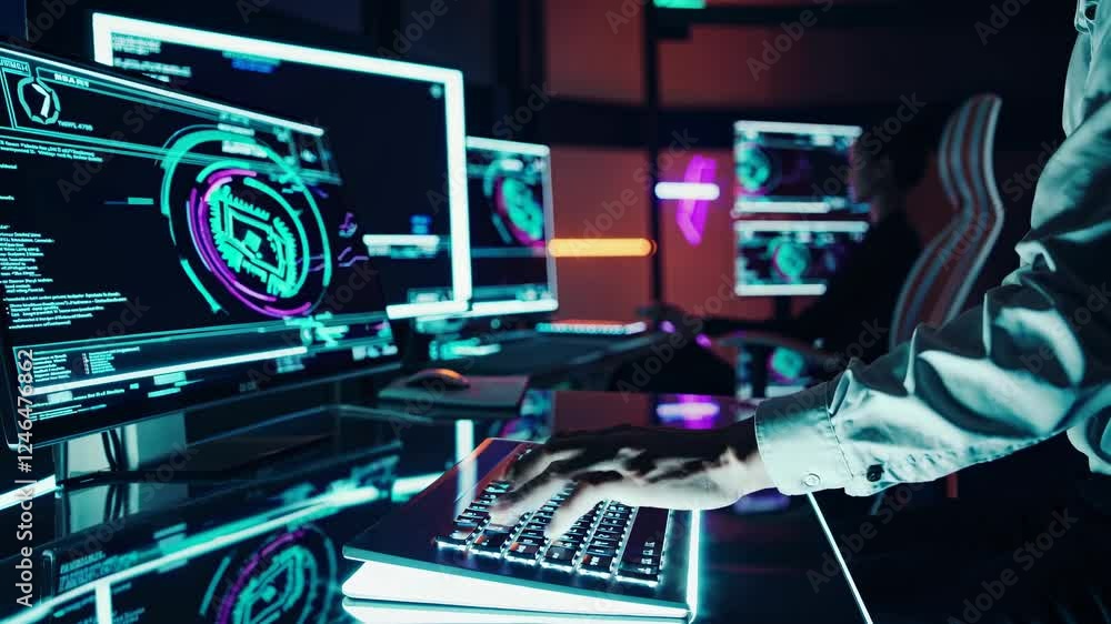 Poster Exploring advanced data visualization and analysis in a high-tech workspace with multiple screens and dynamic graphics
