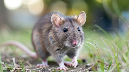 Close-up of a curious brown rat exploring a grassy field during a sunny day