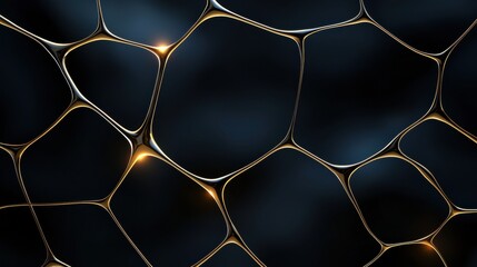 A digital illustration of a complex network of interconnected gold lines forming a pattern against a dark blue background.