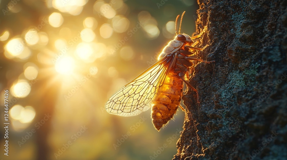 Poster resting cicada with translucent wings catching soft sunlight on tree trunk