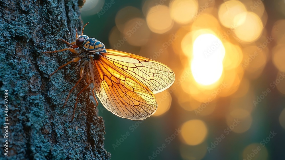 Poster glowing cicada resting on sunlit tree trunk with translucent wings