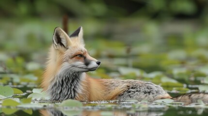 Naklejka premium A serene red fox resting on a lily pad-covered lake, surrounded by lush greenery and reflections