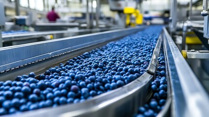 Obraz premium Blueberry move along a conveyor belt in a food processing plant industry