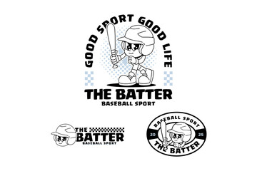 baseball helmet retro cartoon character mascot outline line art illustration set with standing pose and holding baseball bat for baseball softball sport club mascots and merchandise