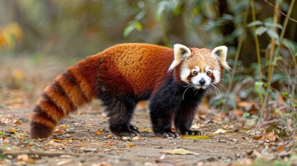 A red panda walking through a forest path surrounded by autumn foliage and greenery