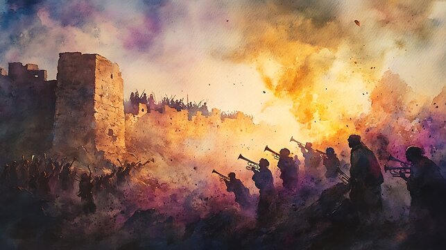 A watercolor painting of the walls of Jericho crumbling under the golden light of dawn, Israelites blowing trumpets and shouting, the dust and debris highlighted in soft, expressive brushstrokes,