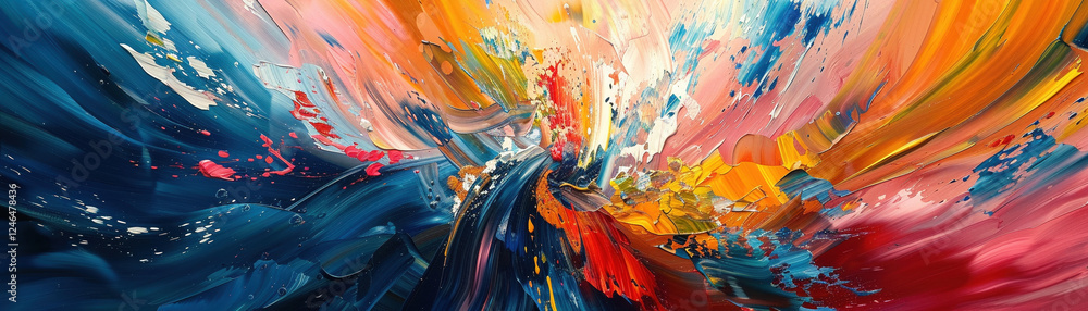 Poster Dynamic and fluid abstract painting capturing essence of spontaneous artistic creation in riot of vibrant colors and emotions