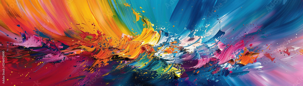 Poster Dynamic and fluid abstract painting capturing essence of spontaneous artistic creation in riot of vibrant colors and textures