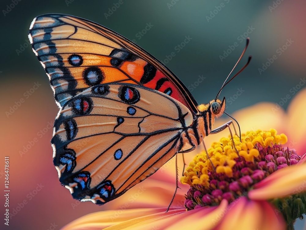Poster vibrant butterfly resting on colorful abstract flower with intricate wing patterns
