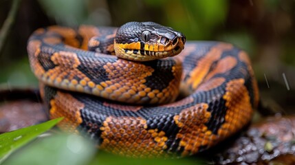 Fototapeta premium Close-up of a vibrant snake coiled among lush greenery in a tropical rainforest setting