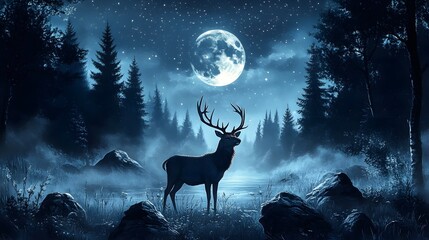 A cinematic still of the moon shining on an ethereal deer standing in front of trees
