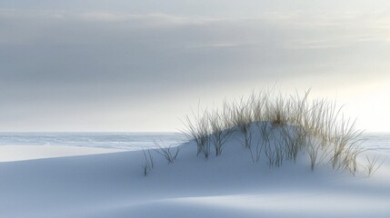 Obraz premium A peaceful winter day unfolds with soft dunes covered in pristine snow, accented by resilient grasses reaching skyward. A calm sea seamlessly meets the horizon, creating a serene atmosphere