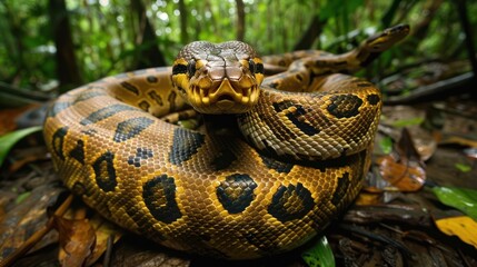 Fototapeta premium Close-up of a vibrant, coiled snake in a lush rainforest, surrounded by dense foliage and natural elements