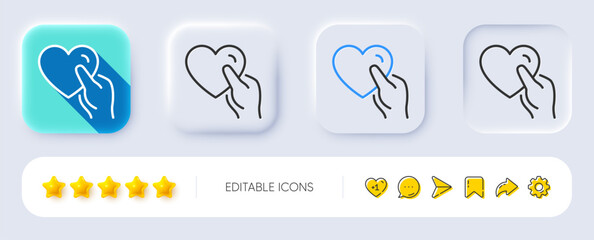Hold heart line icon. Neumorphic, Flat shadow, 3d buttons. Friends love sign. Friendship hand symbol. Line hold heart icon. Social media icons. Vector