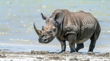 Fototapeta premium Rhinoceros walking along a sandy shoreline, with a serene water backdrop and distant wildlife