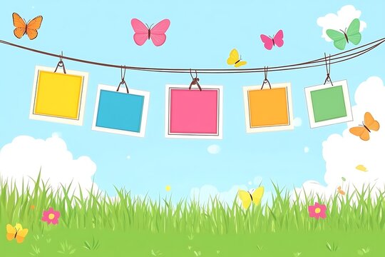 Colorful photo frames hanging on a line, perfect for spring or summer.