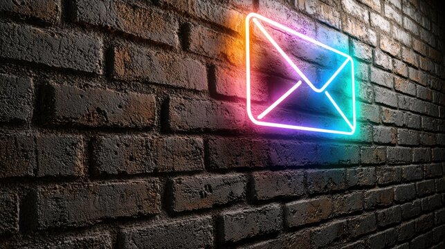 A neon sign of an email icon on a brick wall. - Powered by Adobe