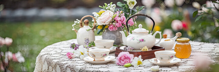 Elegant Outdoor Tea Party Setting with Floral Decor Porcelain Teacups and Honey