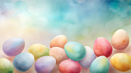 Easter Eggs Watercolor Background, Soft Pastels, Festive Easter Celebration with Copy Space