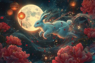 Fototapeta premium mystical jade rabbit spirit leaping through blooming red peonies under a full moon, trailing stardust and traditional chinese lanterns
