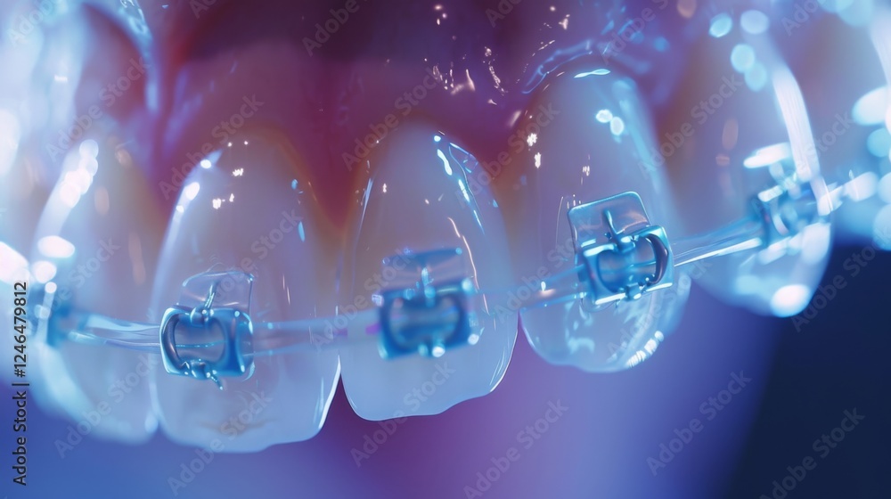Poster dental braces are clearly visible on an orthodontic model of teeth in a clinic, highlighting their s