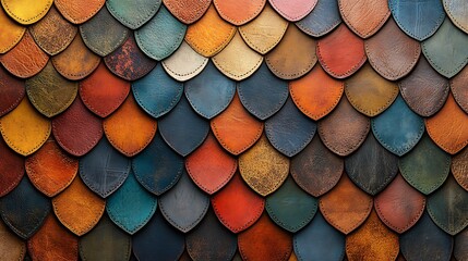 Leather patchwork pattern, with many differently colored leather pieces, resembling dragon scales in a seamless texture 