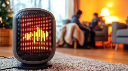 Modern space heater radiating warmth in a cozy, blurred living room scene